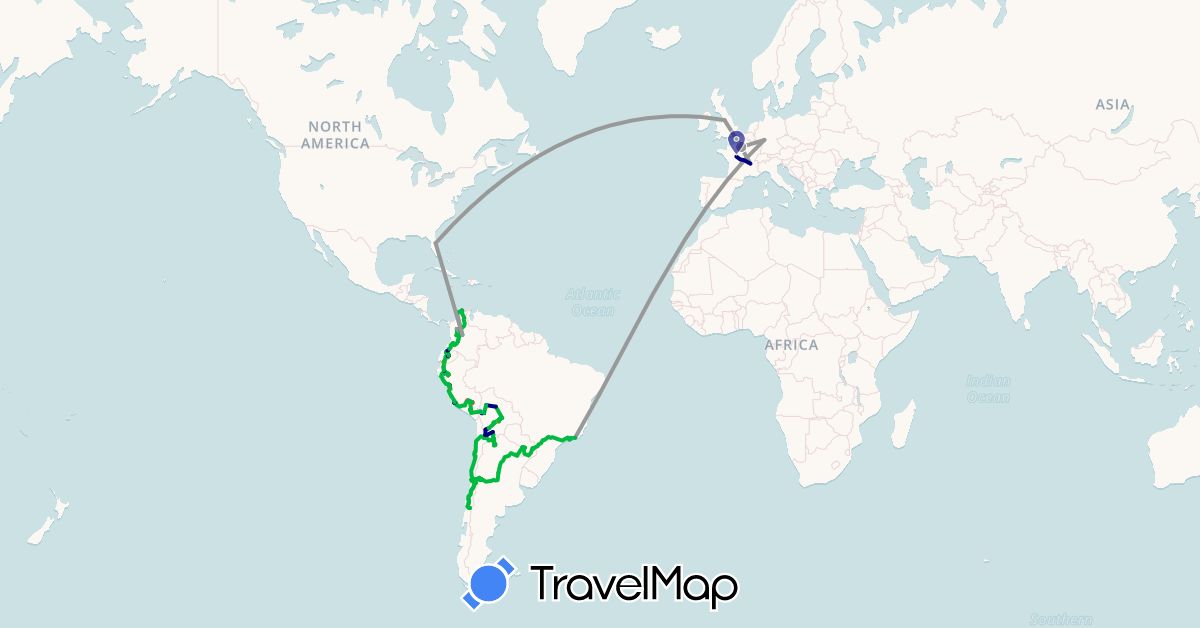 TravelMap itinerary: driving, bus, plane, cycling, train, hiking, boat, hitchhiking, motorbike in Argentina, Bolivia, Brazil, Chile, Colombia, Germany, Ecuador, France, United Kingdom, Peru, Paraguay, United States (Europe, North America, South America)